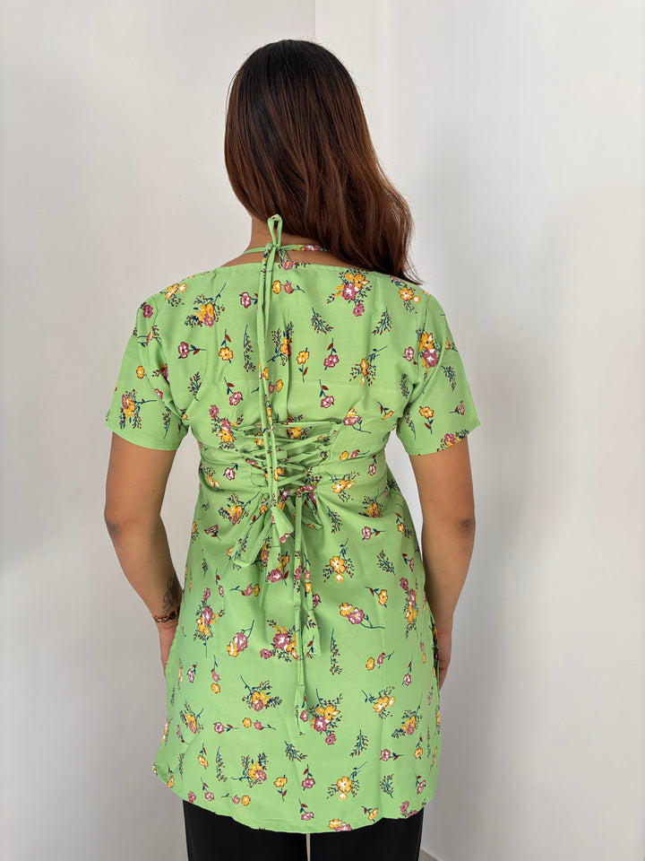 Lime Green Floral Cambric Cotton Kurti with Corset Back
