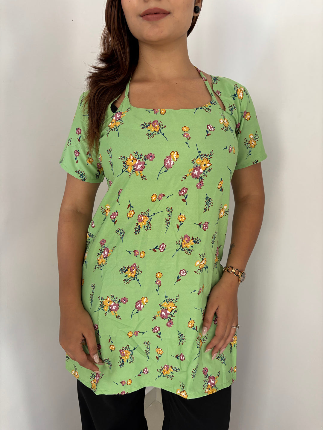 Lime Green Floral Cambric Cotton Kurti with Corset Back