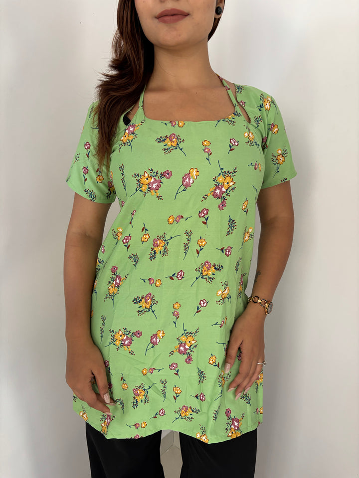 Lime Green Floral Cambric Cotton Kurti with Corset Back