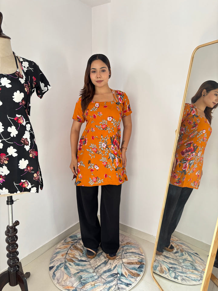 Marigold Floral Print Kurti with Adjustable Corset Back