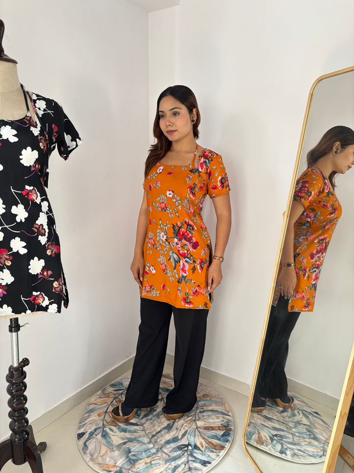 Marigold Floral Print Kurti with Adjustable Corset Back