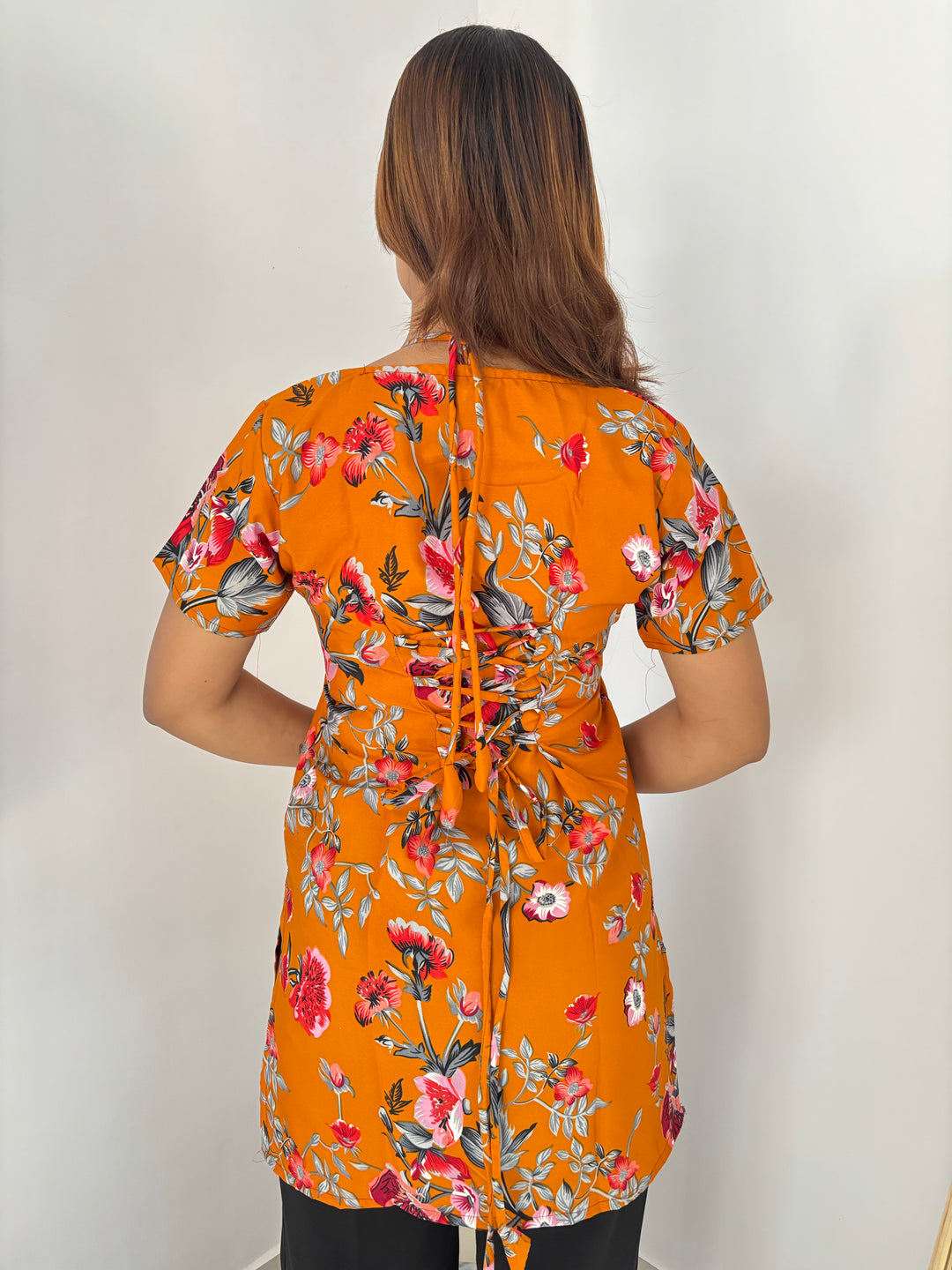 Marigold Floral Print Kurti with Adjustable Corset Back