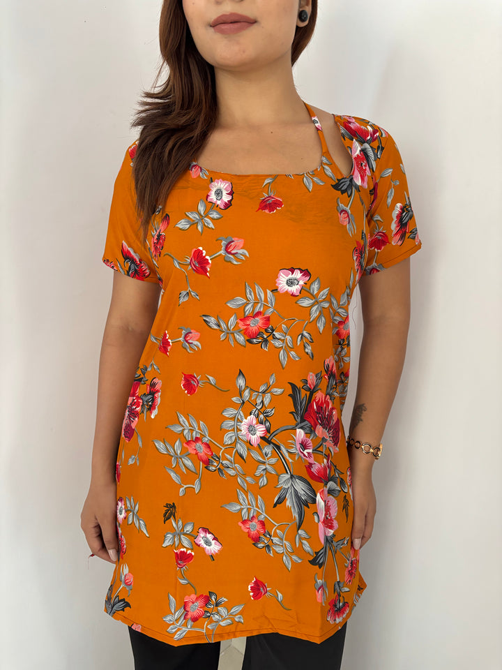 Marigold Floral Print Kurti with Adjustable Corset Back