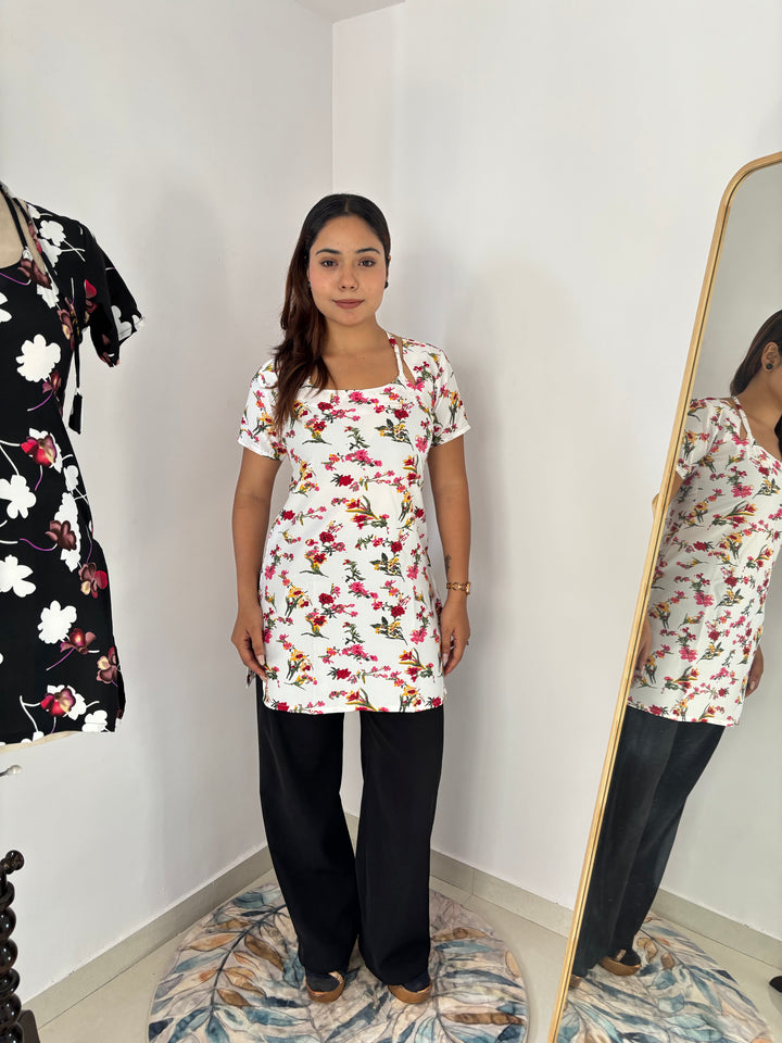 White Base Floral Print Cambric Cotton Kurti with Corset Back