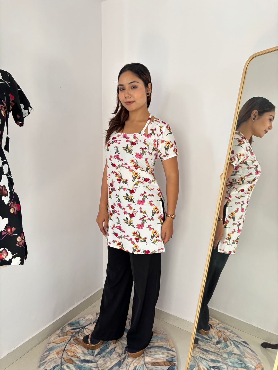 White Base Floral Print Cambric Cotton Kurti with Corset Back