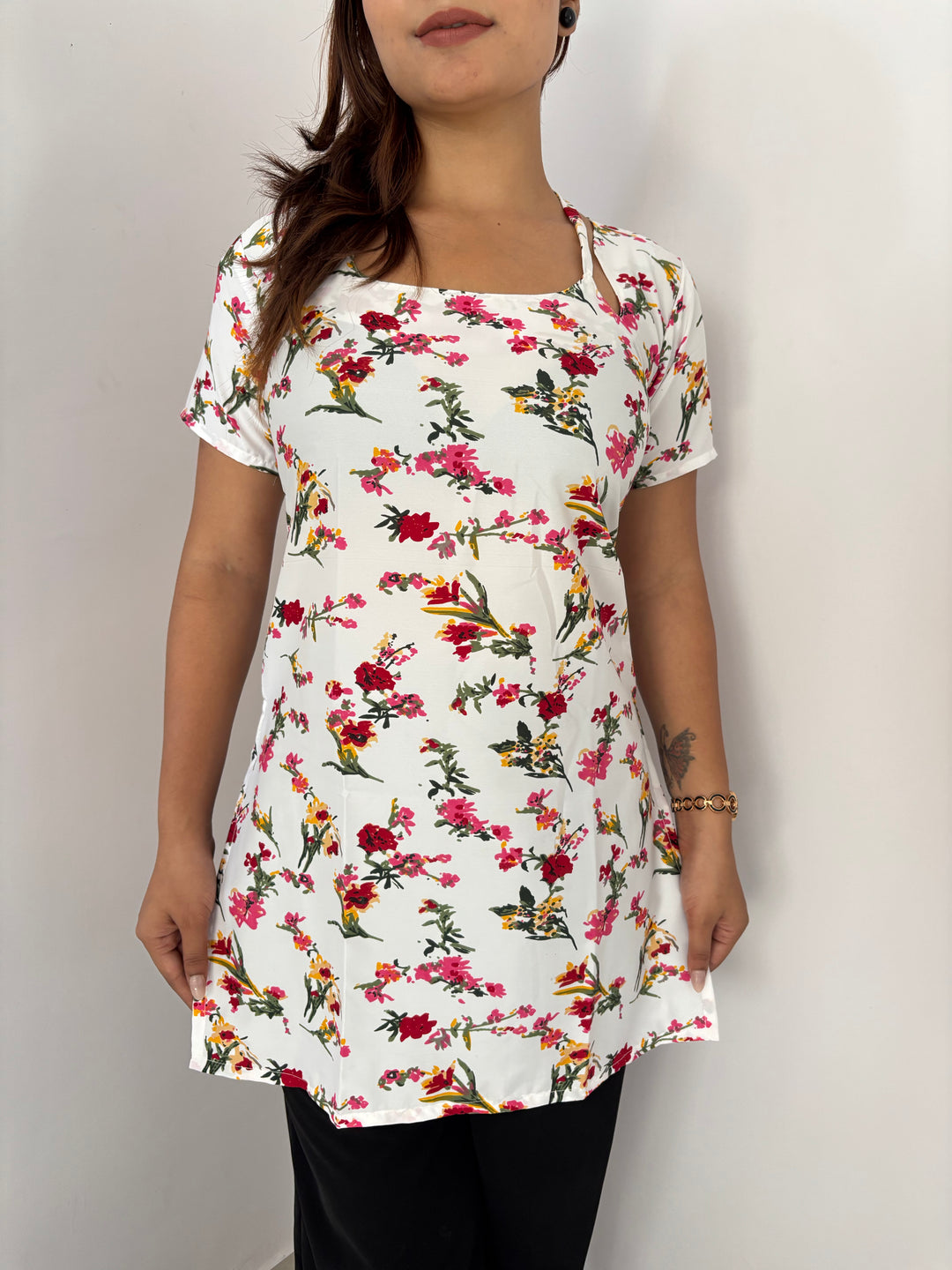 White Base Floral Print Cambric Cotton Kurti with Corset Back