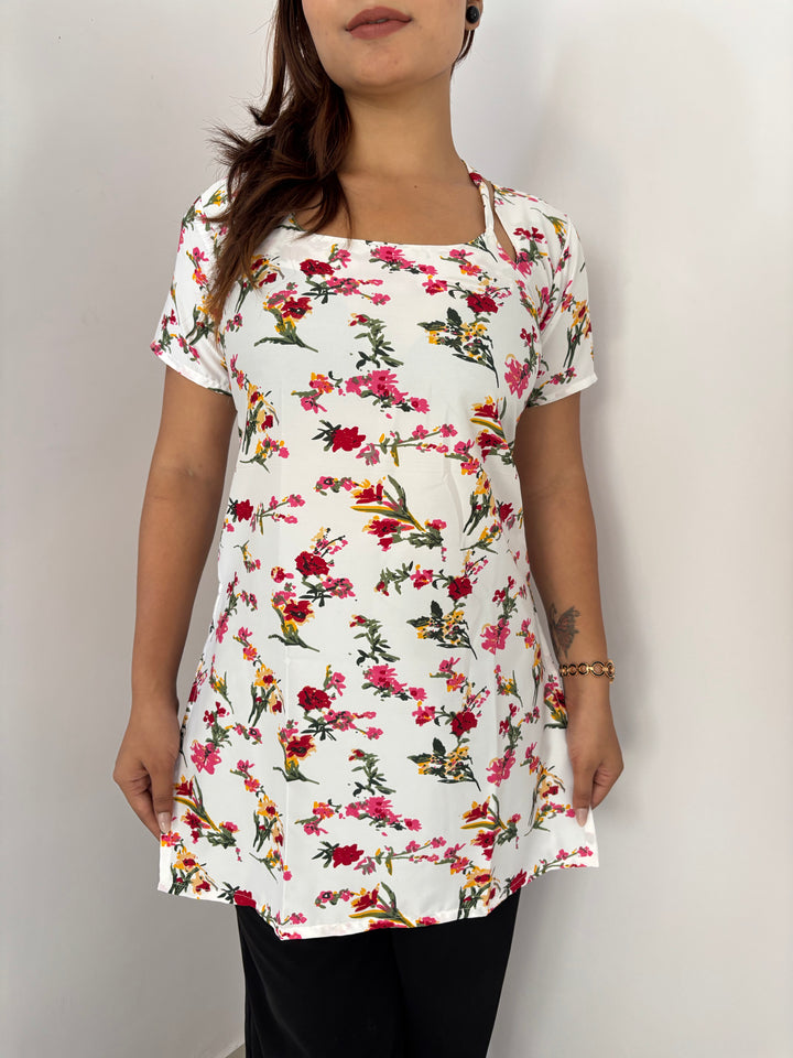 White Base Floral Print Cambric Cotton Kurti with Corset Back