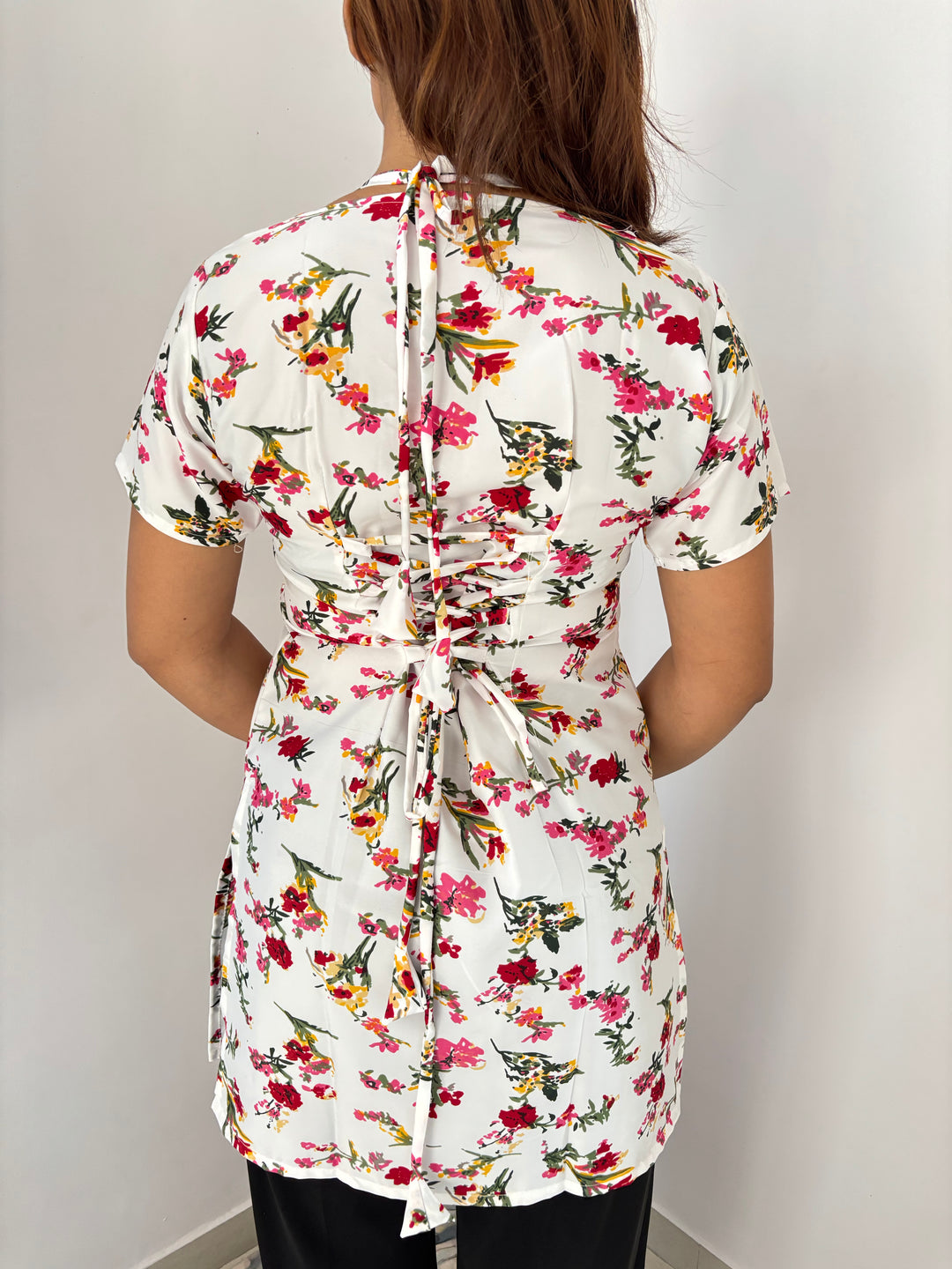 White Base Floral Print Cambric Cotton Kurti with Corset Back