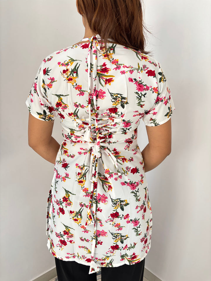 White Base Floral Print Cambric Cotton Kurti with Corset Back