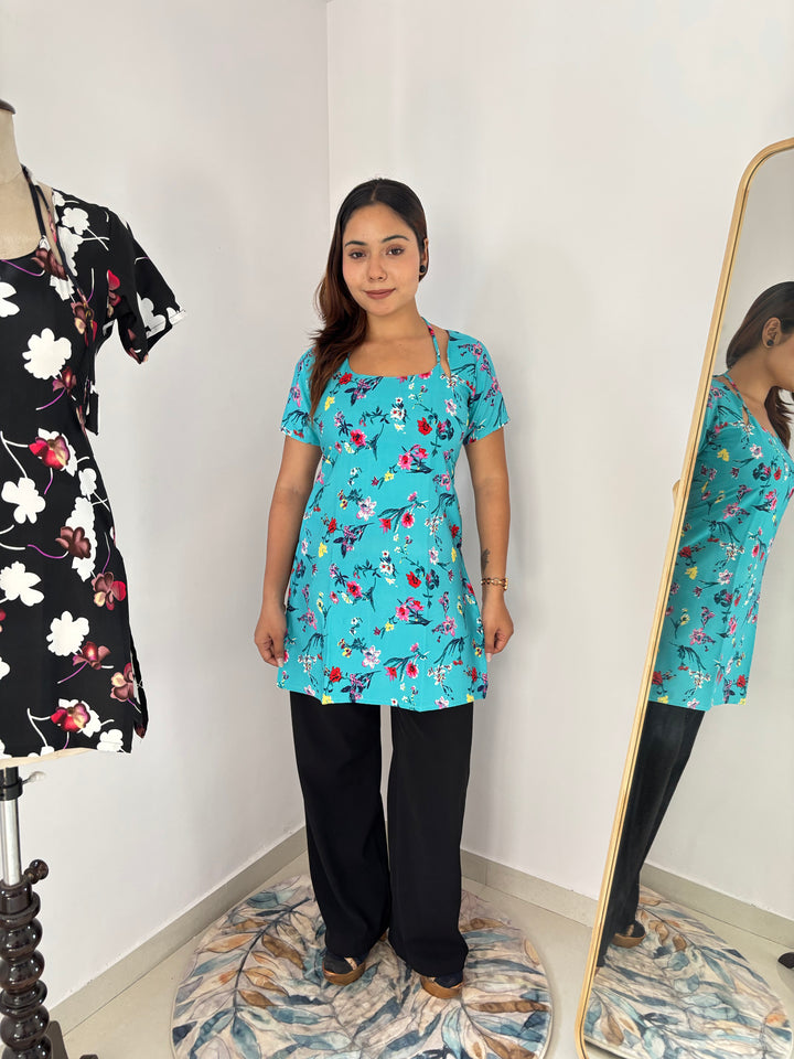 Aqua Blue Floral Print Cambric Cotton Kurti with Corset Back