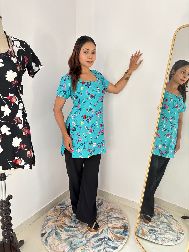 Aqua Blue Floral Print Cambric Cotton Kurti with Corset Back