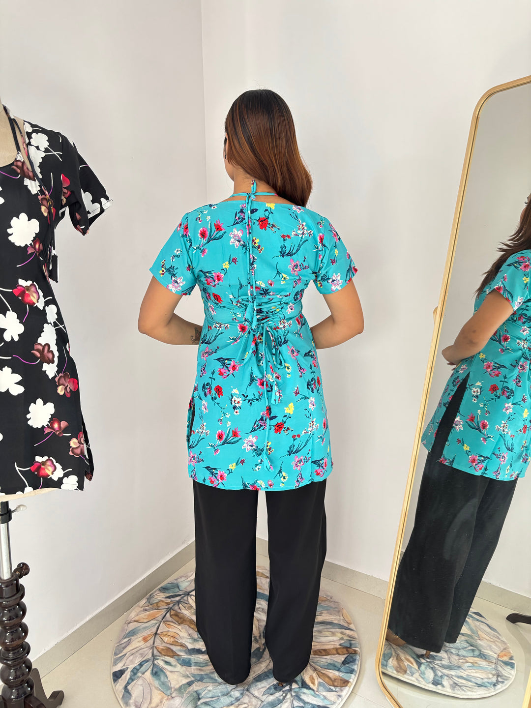 Aqua Blue Floral Print Cambric Cotton Kurti with Corset Back