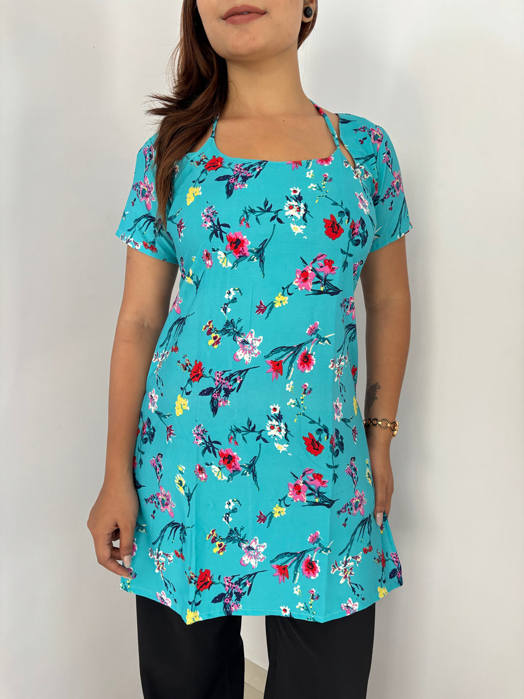 Aqua Blue Floral Print Cambric Cotton Kurti with Corset Back