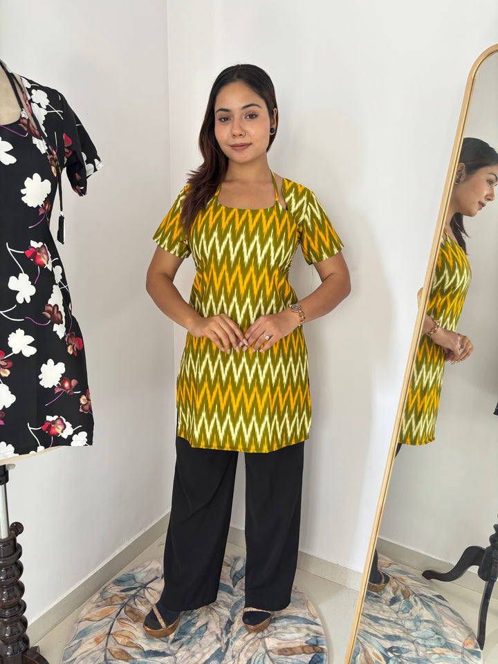 Olive Green Chevron Print Cambric Cotton Kurti with Corset Back