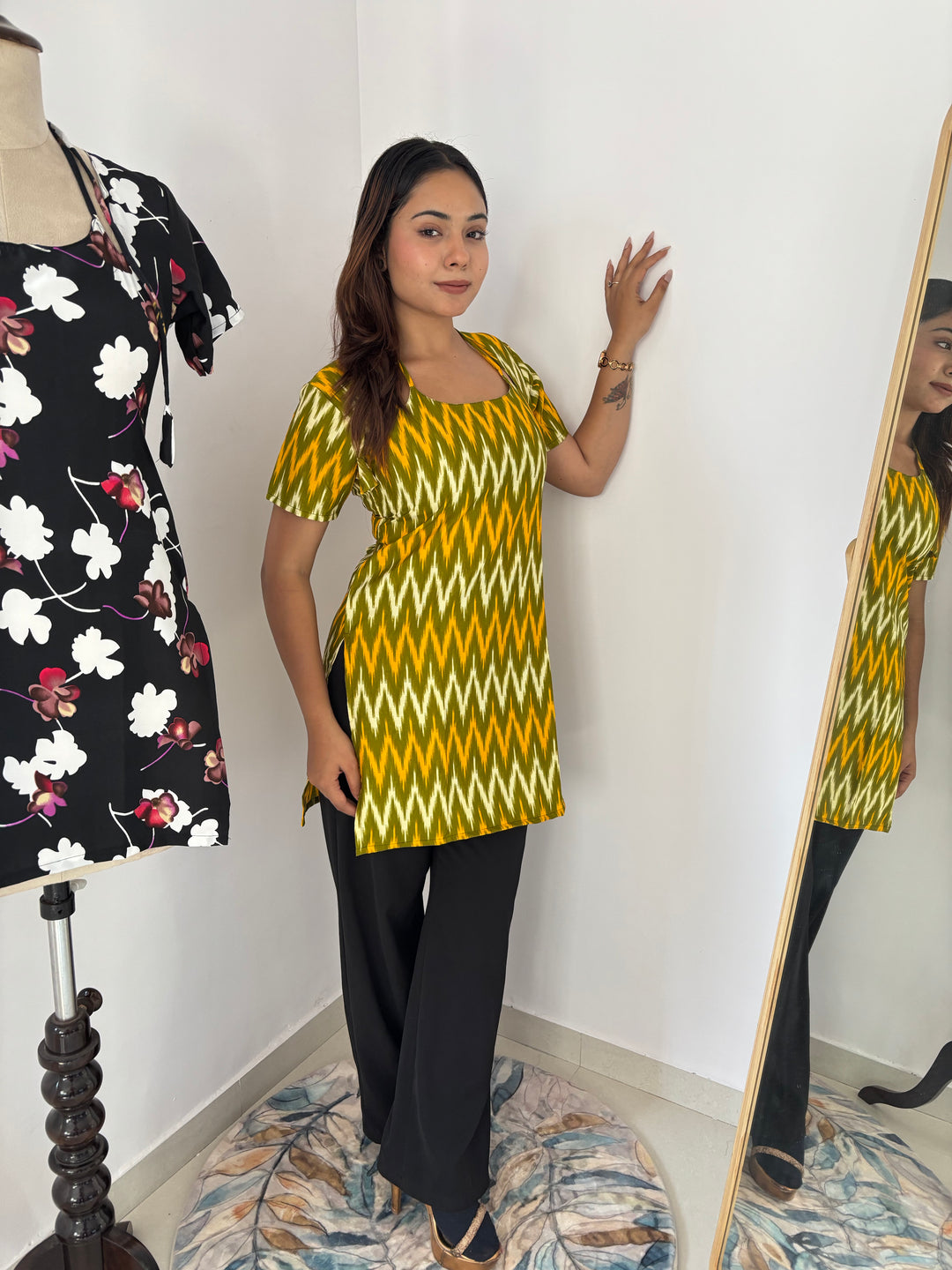 Olive Green Chevron Print Cambric Cotton Kurti with Corset Back