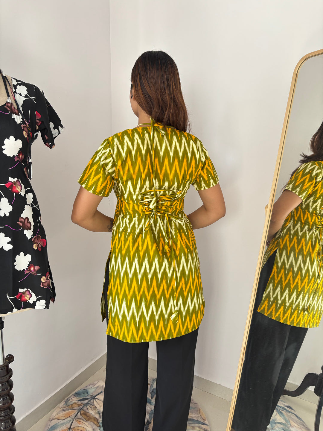 Olive Green Chevron Print Cambric Cotton Kurti with Corset Back