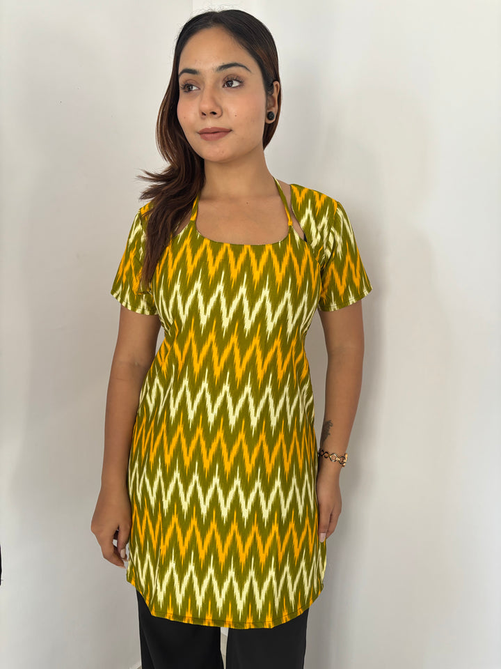 Olive Green Chevron Print Cambric Cotton Kurti with Corset Back