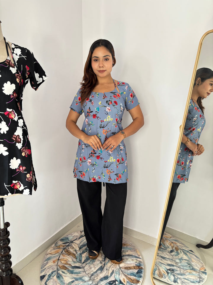 Dusty Blue Multi-Floral Cambric Cotton Kurti with Corset Back