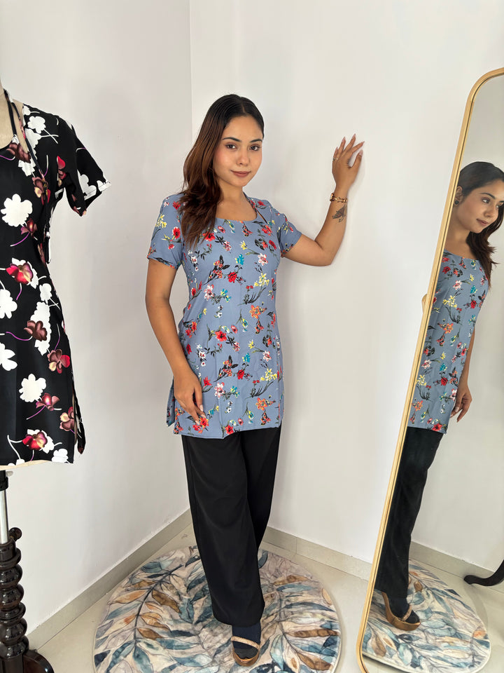 Dusty Blue Multi-Floral Cambric Cotton Kurti with Corset Back