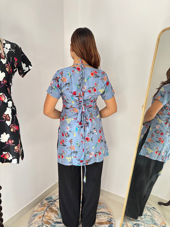 Dusty Blue Multi-Floral Cambric Cotton Kurti with Corset Back