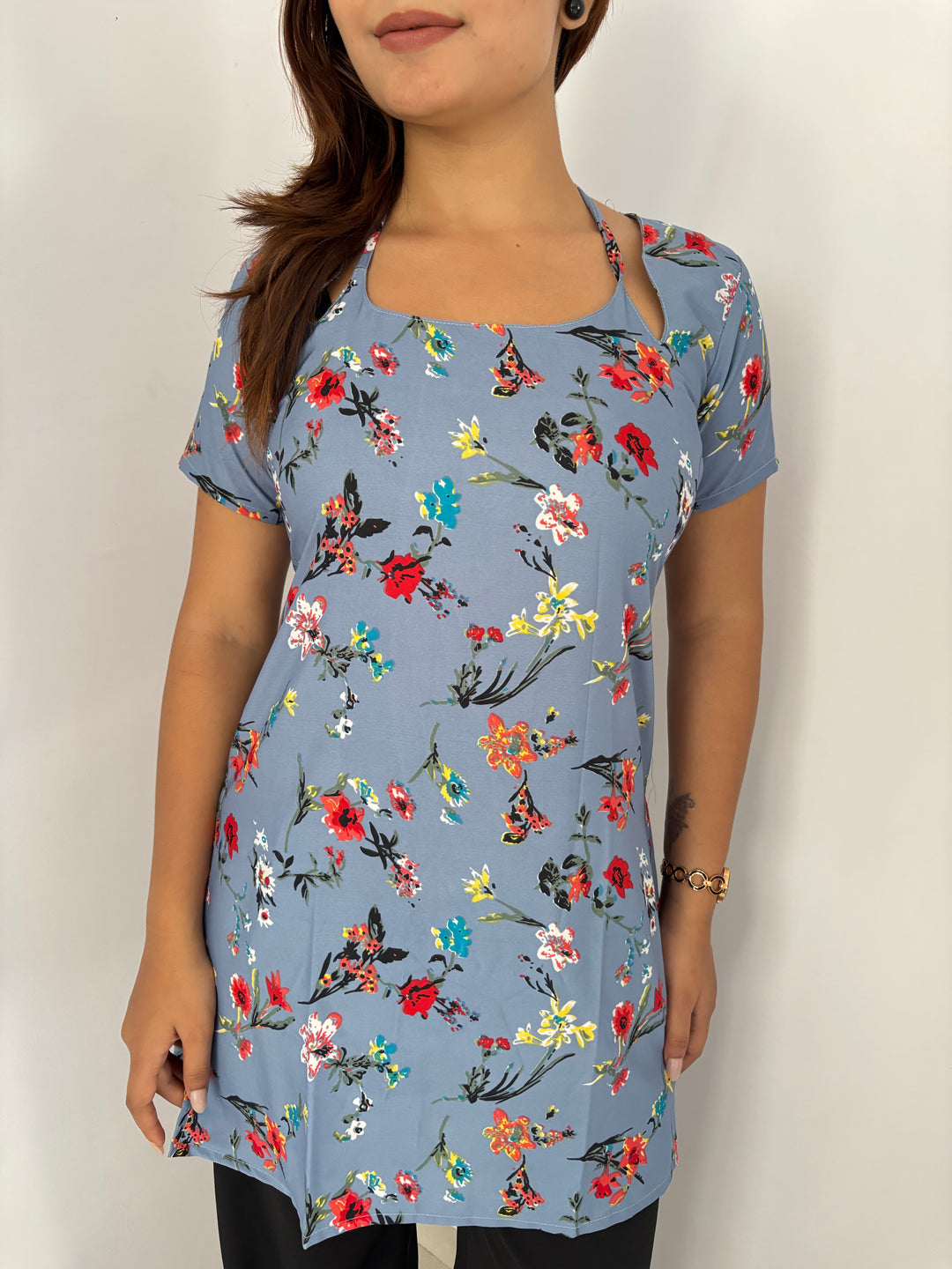 Dusty Blue Multi-Floral Cambric Cotton Kurti with Corset Back