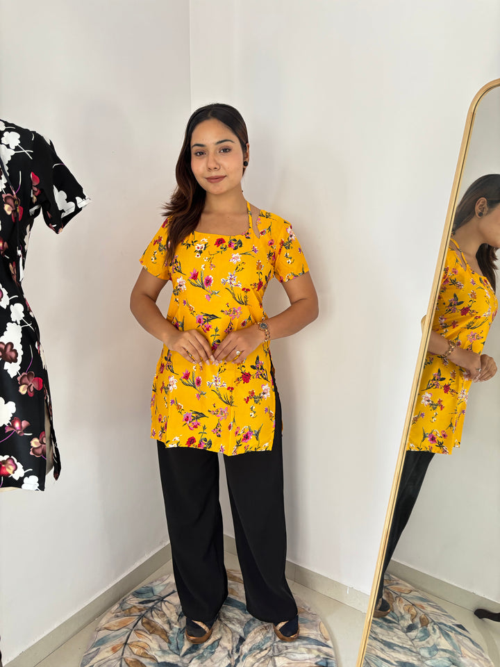 Bright Yellow Floral Cambric Cotton Kurti with Corset Back