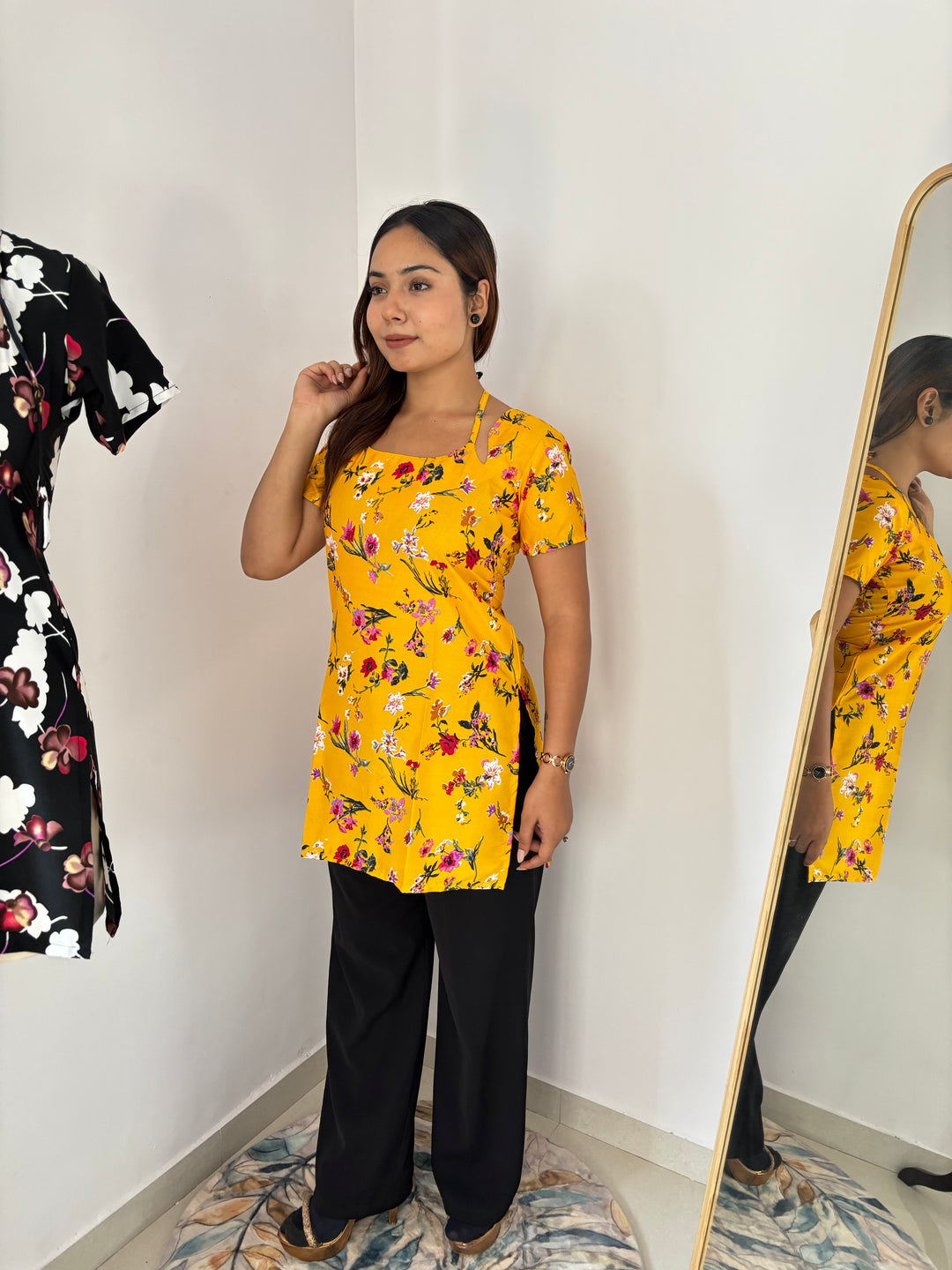 Bright Yellow Floral Cambric Cotton Kurti with Corset Back