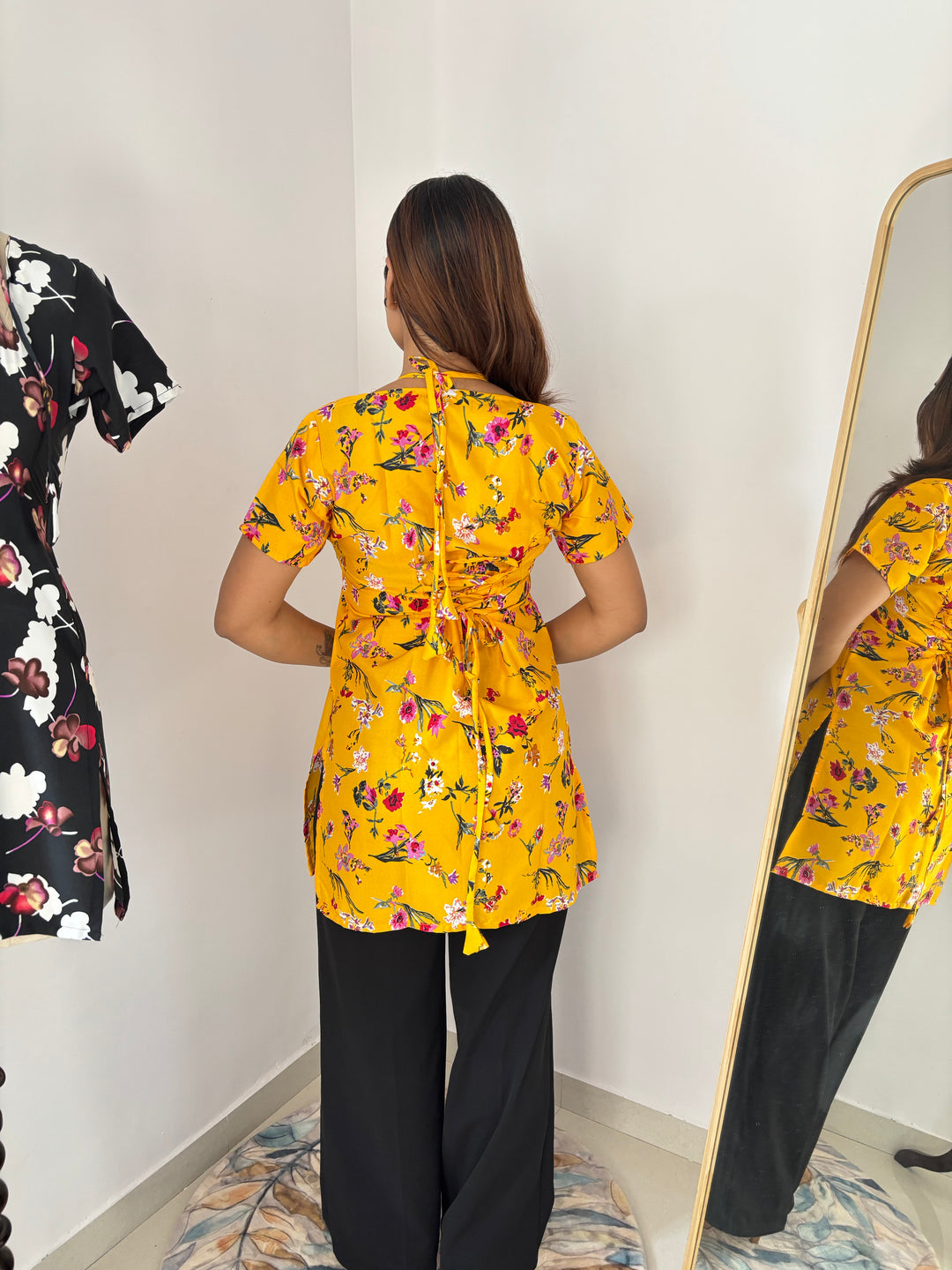 Bright Yellow Floral Cambric Cotton Kurti with Corset Back