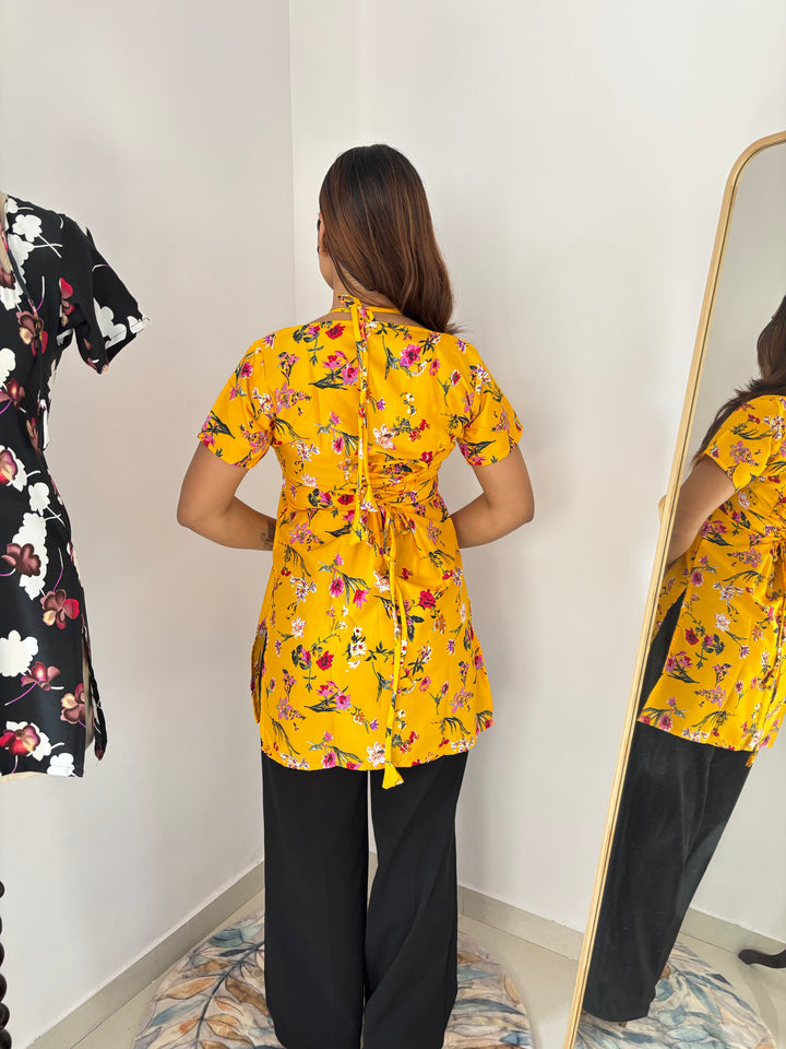 Bright Yellow Floral Cambric Cotton Kurti with Corset Back
