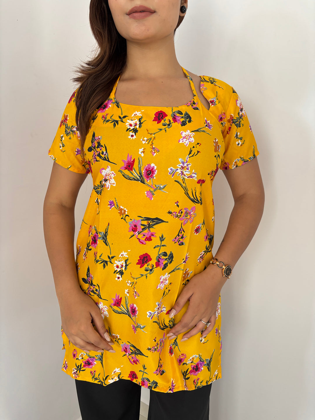 Bright Yellow Floral Cambric Cotton Kurti with Corset Back