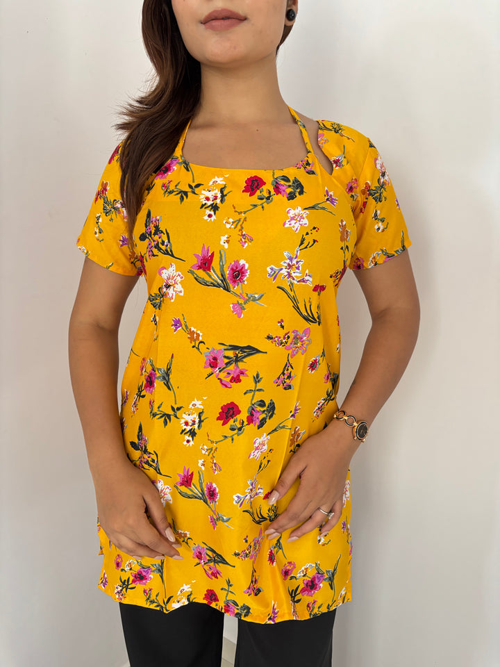 Bright Yellow Floral Cambric Cotton Kurti with Corset Back