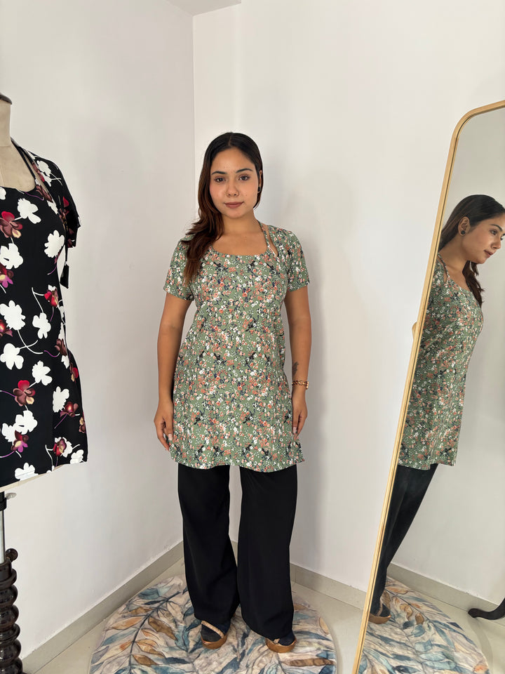 Halter Neck Floral Tunic with Custom Fit Back Lacing - Sage Green