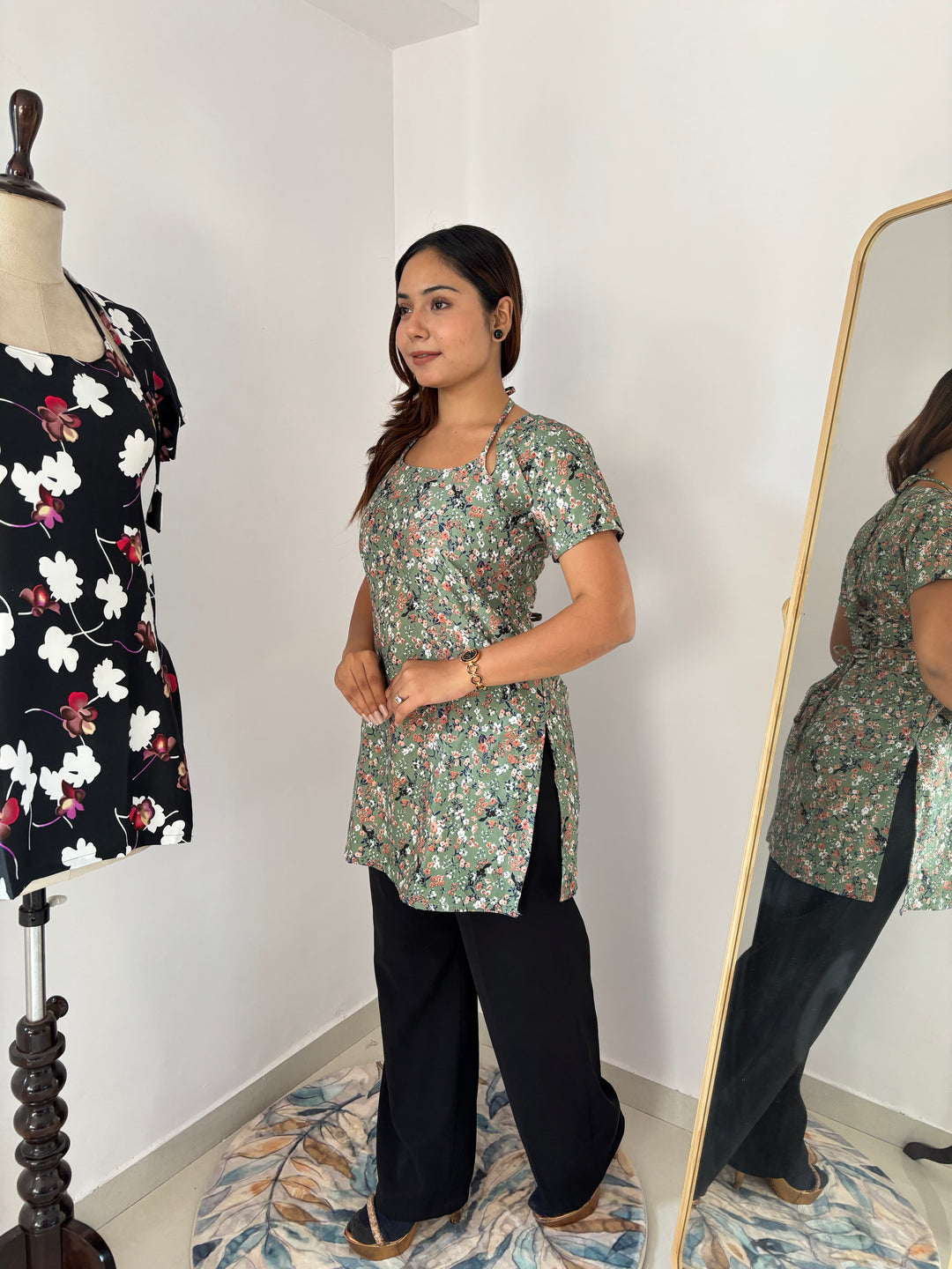 Halter Neck Floral Tunic with Custom Fit Back Lacing - Sage Green