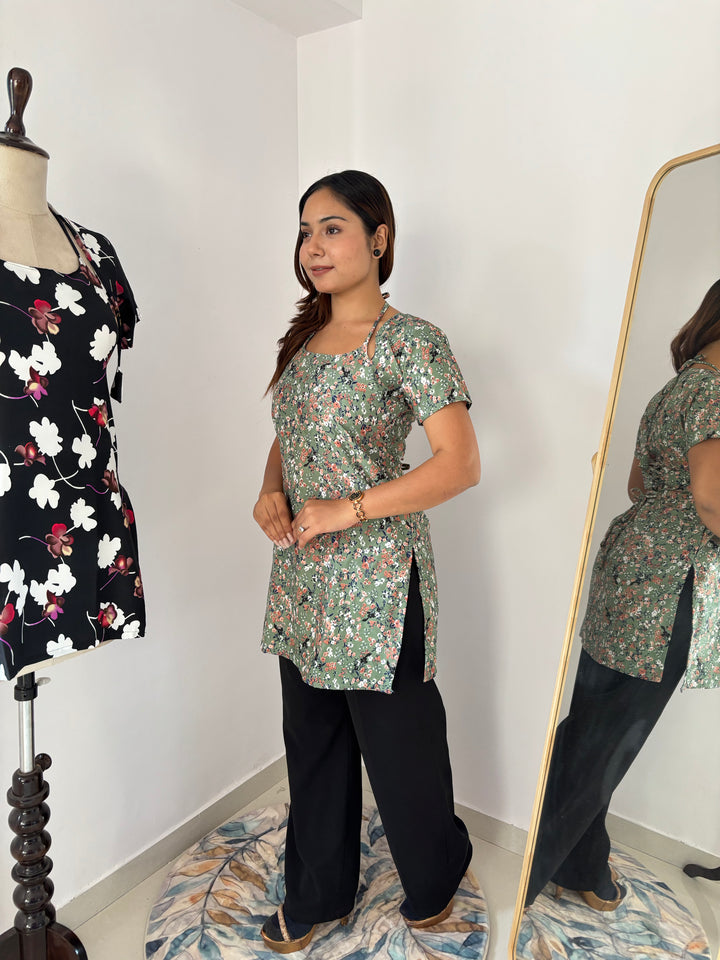 Halter Neck Floral Tunic with Custom Fit Back Lacing - Sage Green