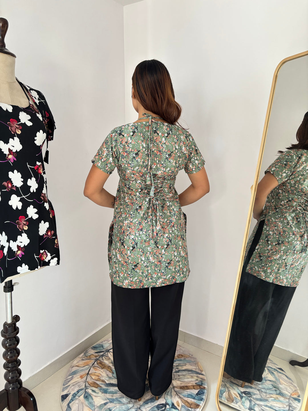 Halter Neck Floral Tunic with Custom Fit Back Lacing - Sage Green