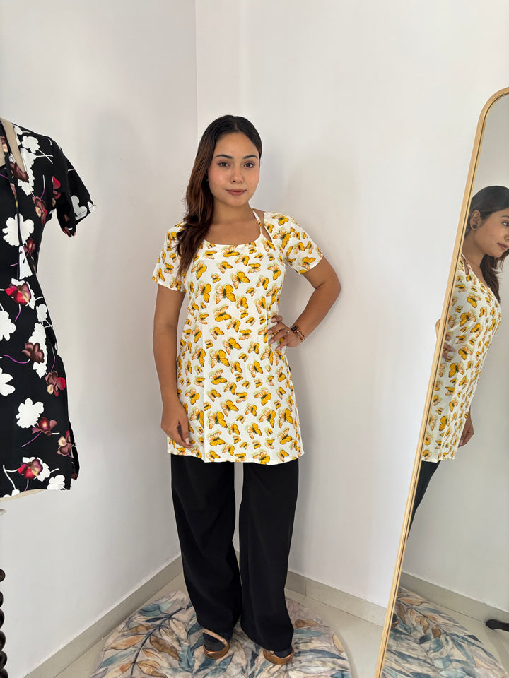Butterfly Print Cambric Cotton Kurti with Corset Back