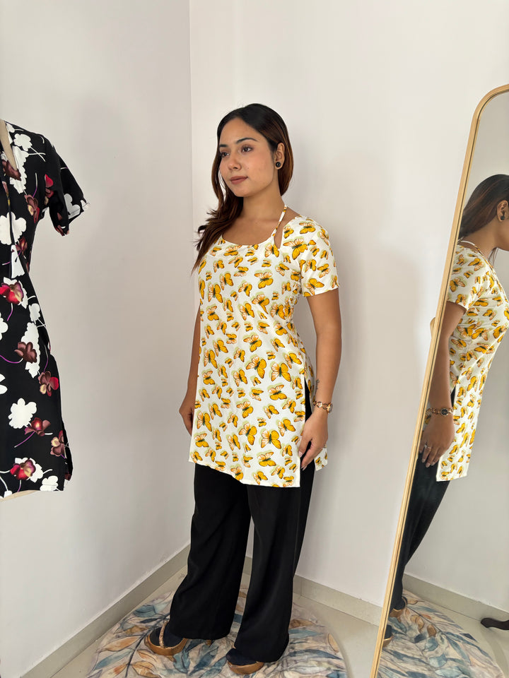 Butterfly Print Cambric Cotton Kurti with Corset Back