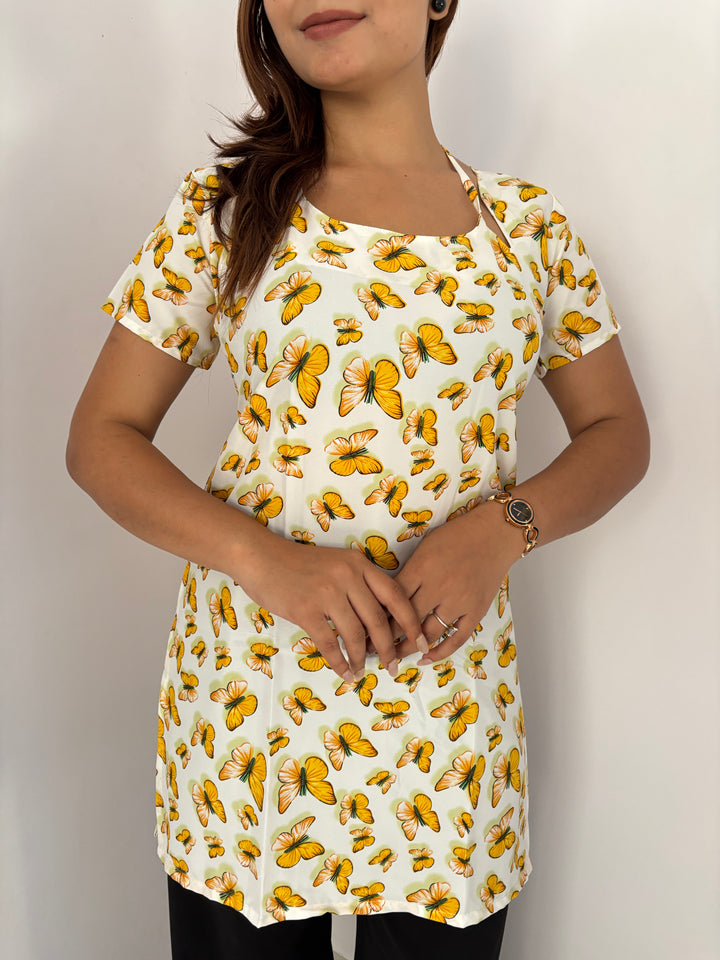 Butterfly Print Cambric Cotton Kurti with Corset Back