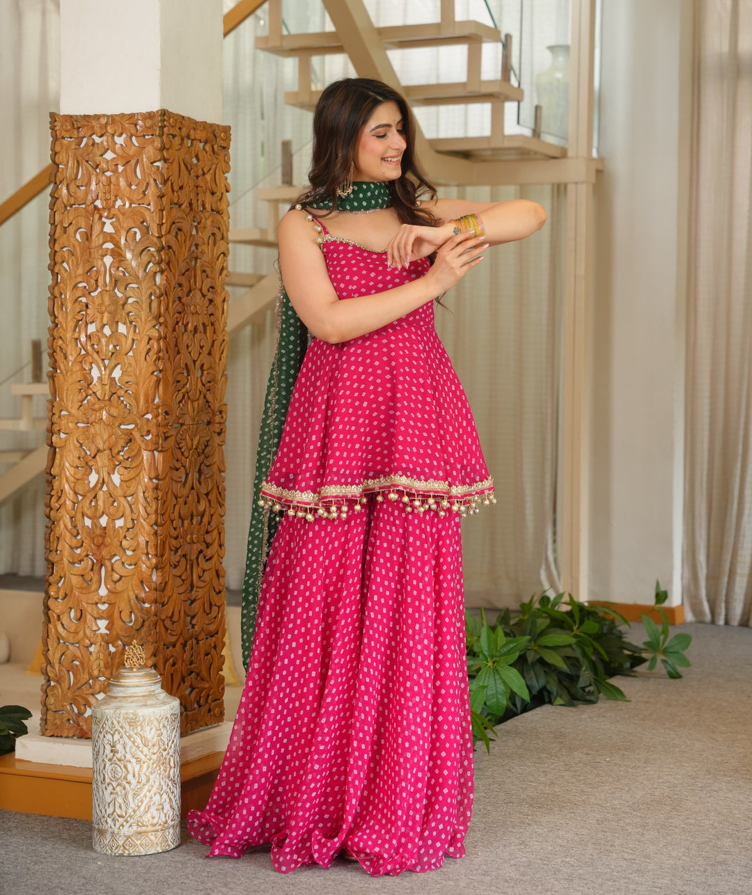 Pink Georgette Kurta Sharara Set with Embroidered Lace & Latkan Detailing