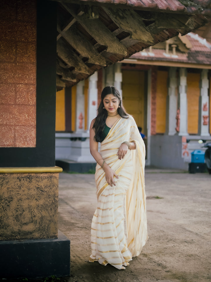 Ivory Gold Stripe Kerala Tissue Saree | Traditional Kasavu Style Elegant Festive Wear