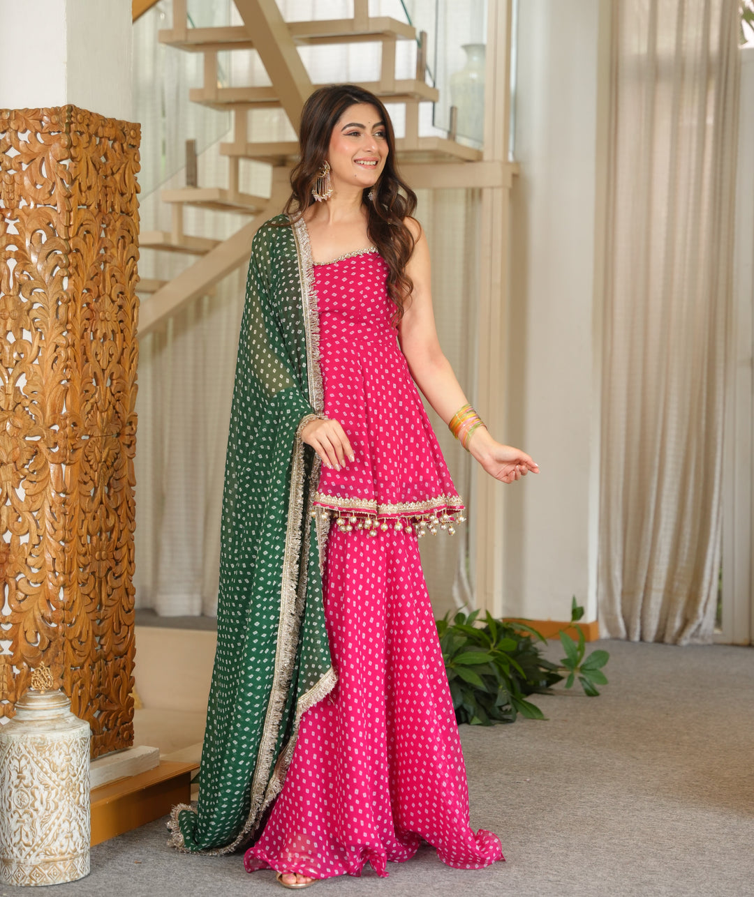 Pink Georgette Kurta Sharara Set with Embroidered Lace & Latkan Detailing