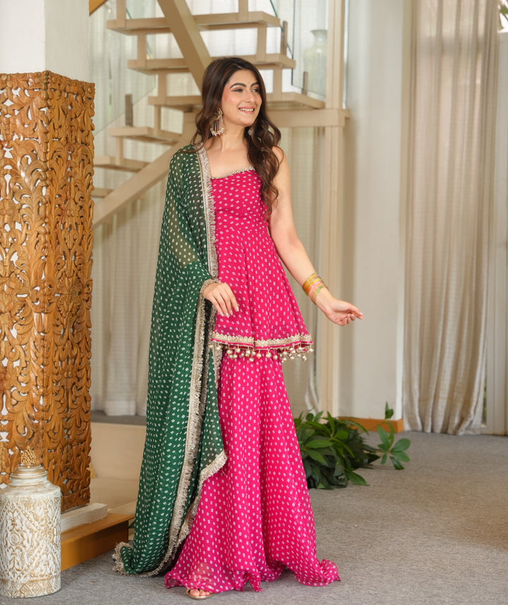 Pink Georgette Kurta Sharara Set with Embroidered Lace & Latkan Detailing