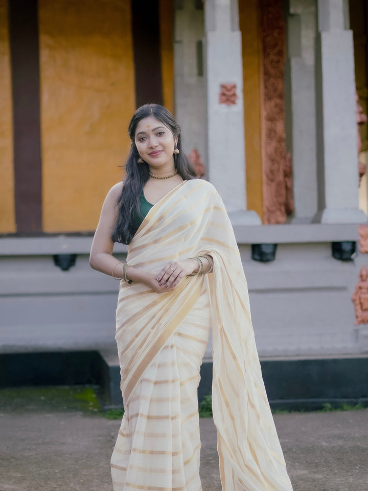 Ivory Gold Stripe Kerala Tissue Saree | Traditional Kasavu Style Elegant Festive Wear