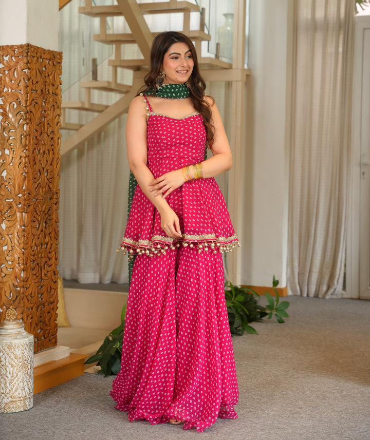 Pink Georgette Kurta Sharara Set with Embroidered Lace & Latkan Detailing