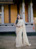 Ivory Gold Stripe Kerala Tissue Saree | Traditional Kasavu Style Elegant Festive Wear