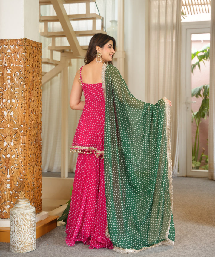 Pink Georgette Kurta Sharara Set with Embroidered Lace & Latkan Detailing