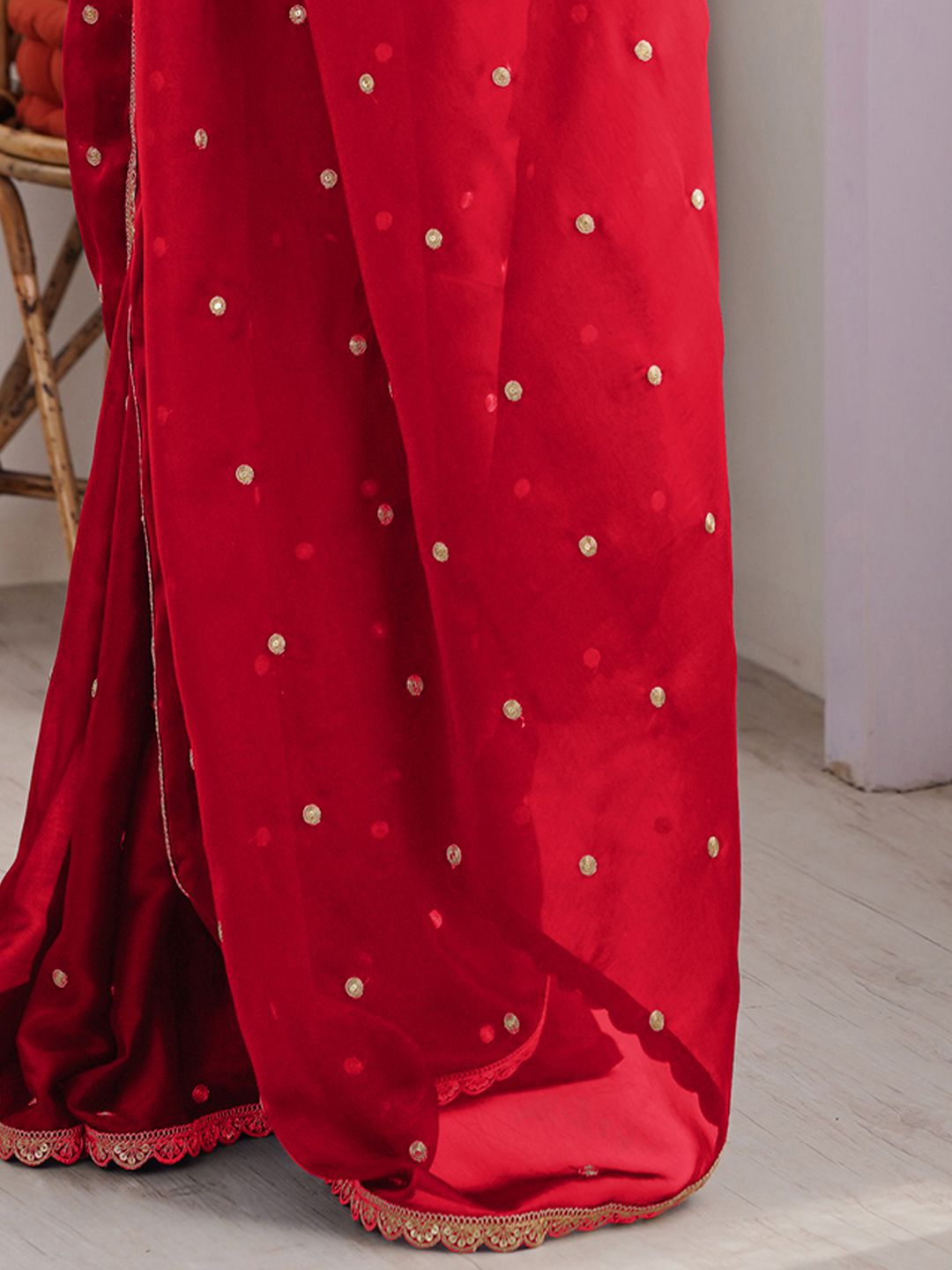Royal Red Georgette Saree with Golden Zari Lace Border & Sequin Work – Elegant Party & Wedding Wear