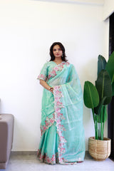 NEW COLOR BURBARY JIMMY CHOO SHINY EMBROIDERY WORK SAREE WITH UNSTICHED BLOUSE