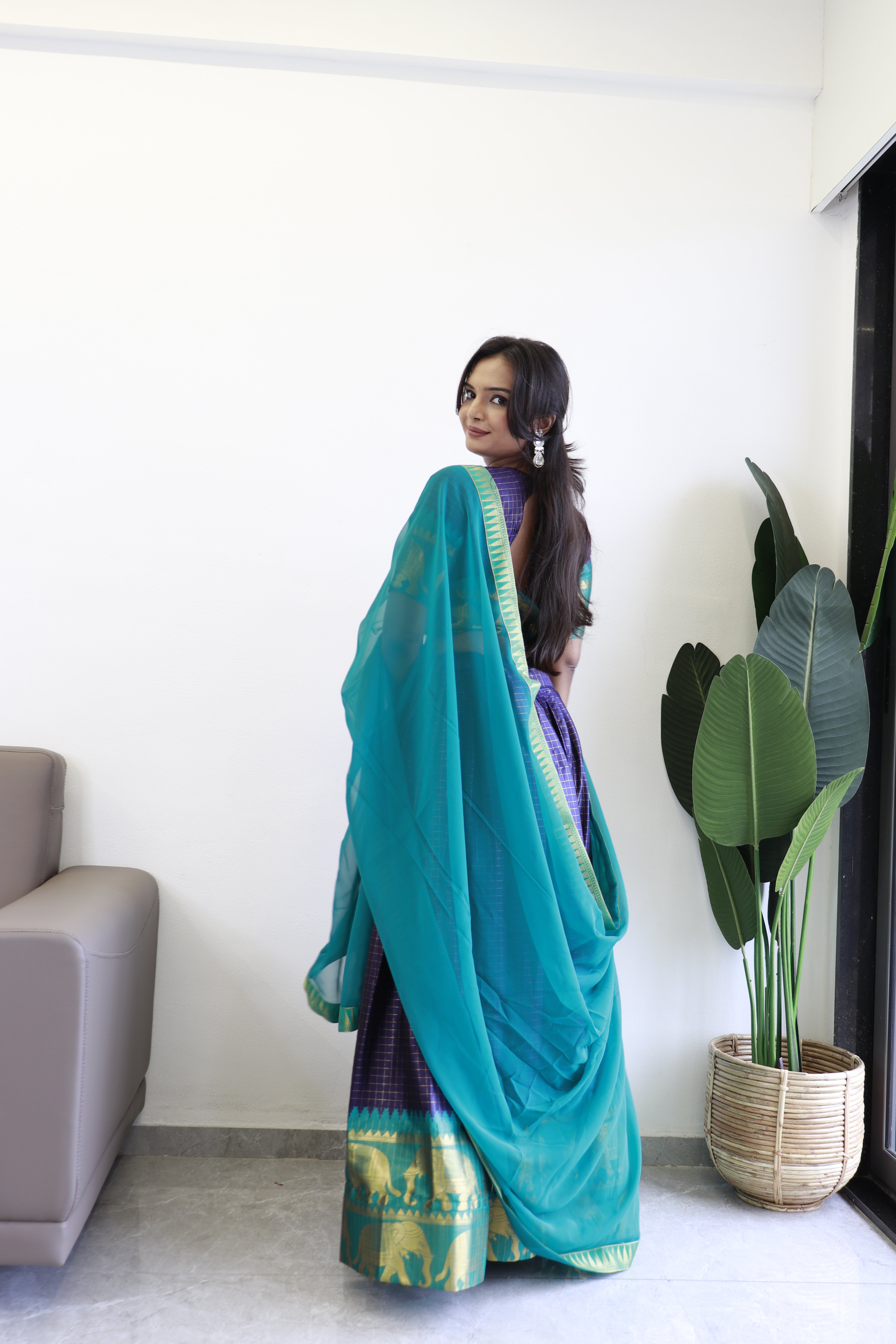 Elegant elephant blue checks silk lehenga, light shades to complement to create beautiful aura in all function