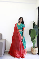 Elegant elephant green checks silk lehenga, light shades to complement to create beautiful aura in all function